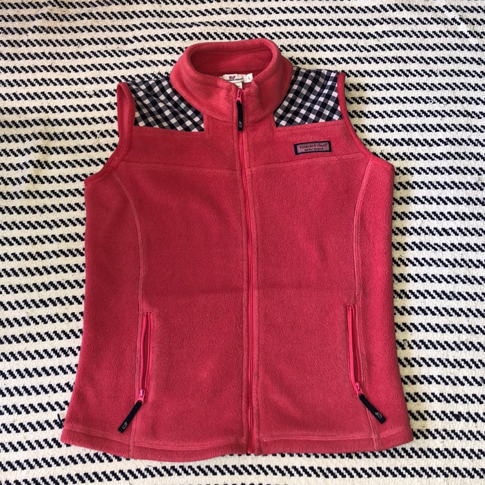 Nantucket Red Fleece Vest with Navy Gingham